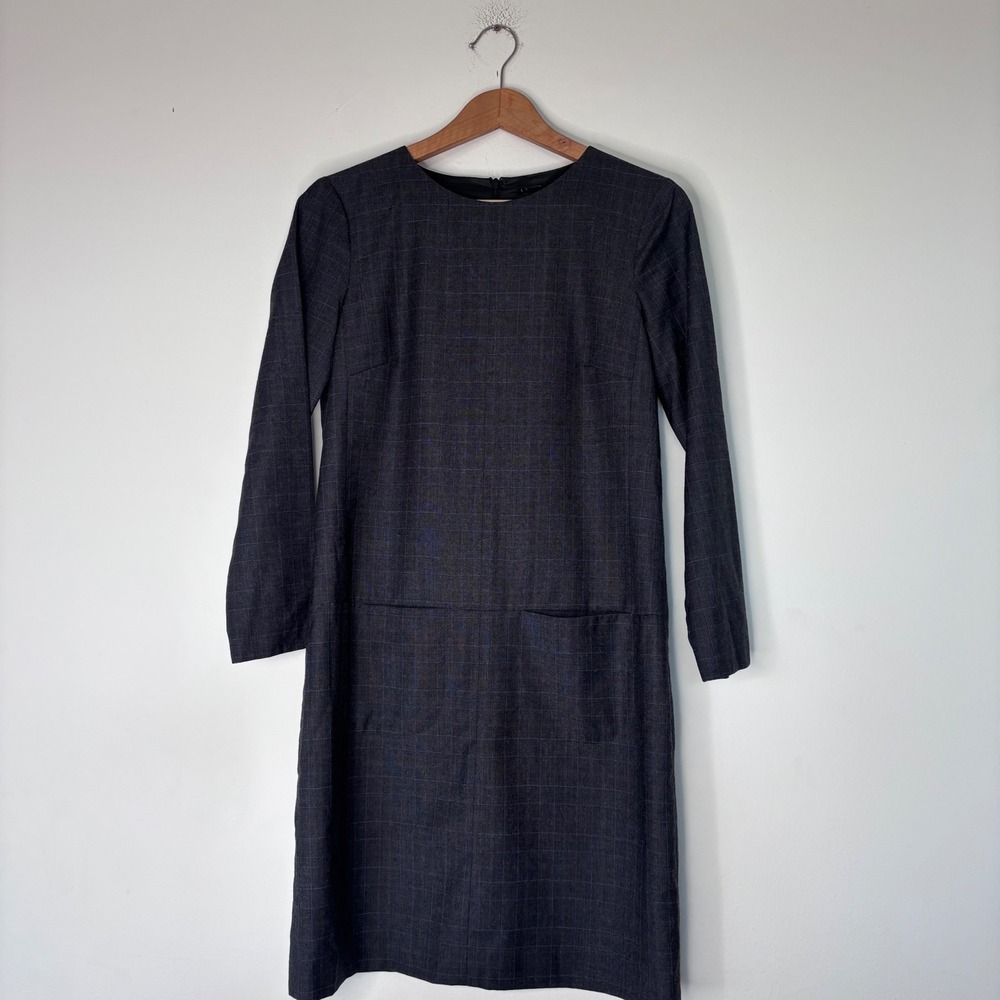 Theory Wool Grey Plaid Long Sleeve Shift Dress Pockets Business Work Size 4